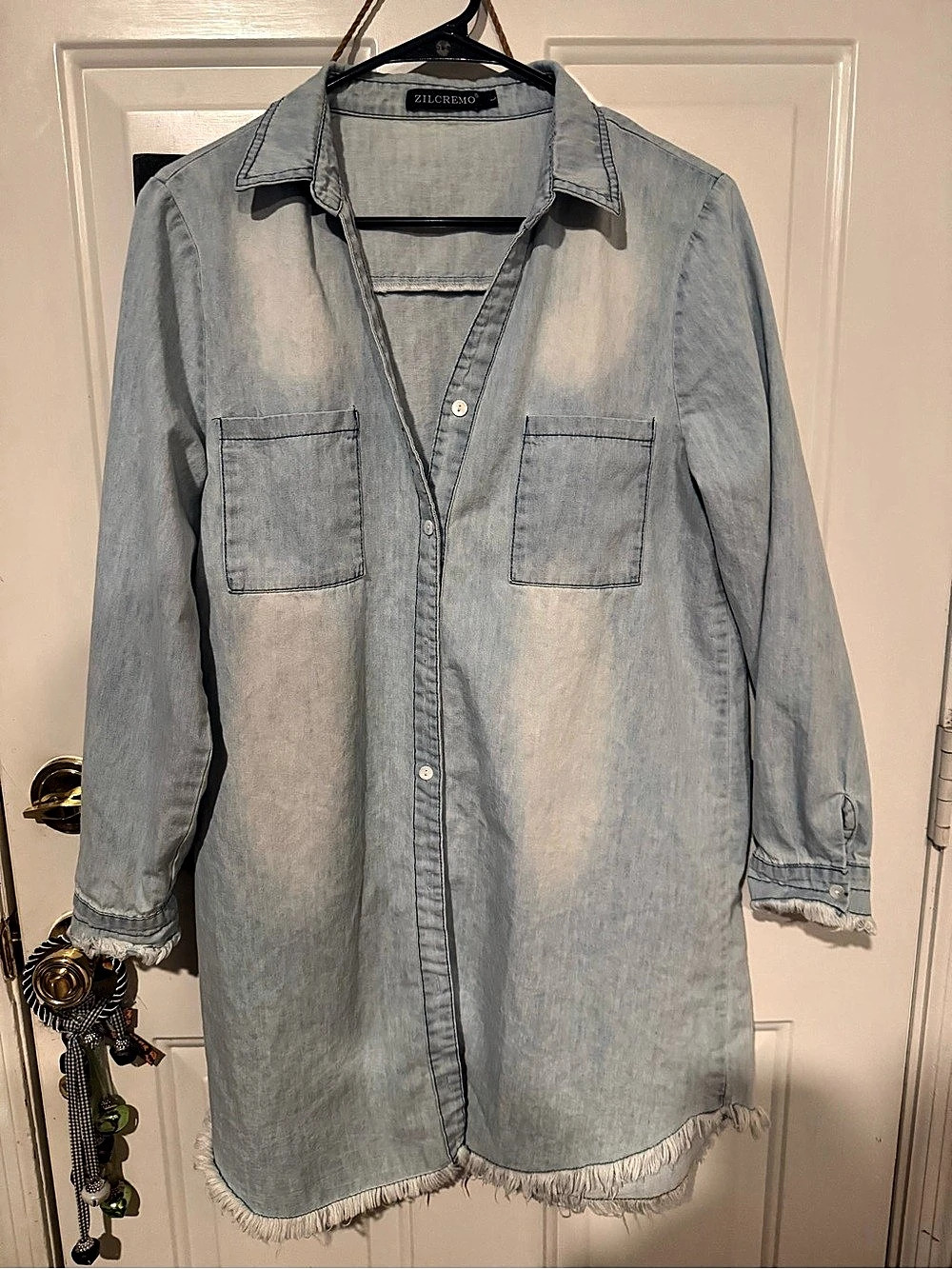Zilcremo Long Sleeve Denim Shirt Dress with Fringe Hem in Blue